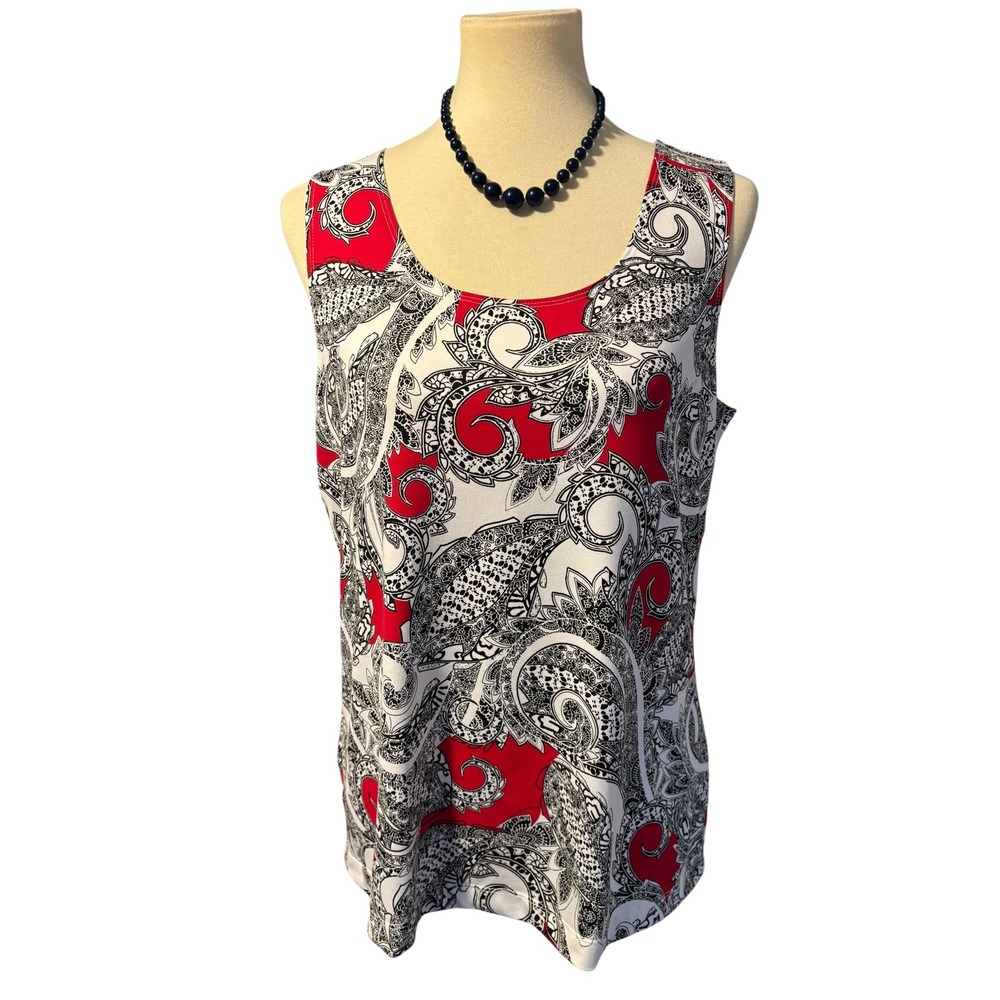 Chicos Red Black White Paisley Tank Top Sleeveless Scoop Neck Large (Chicos 2)